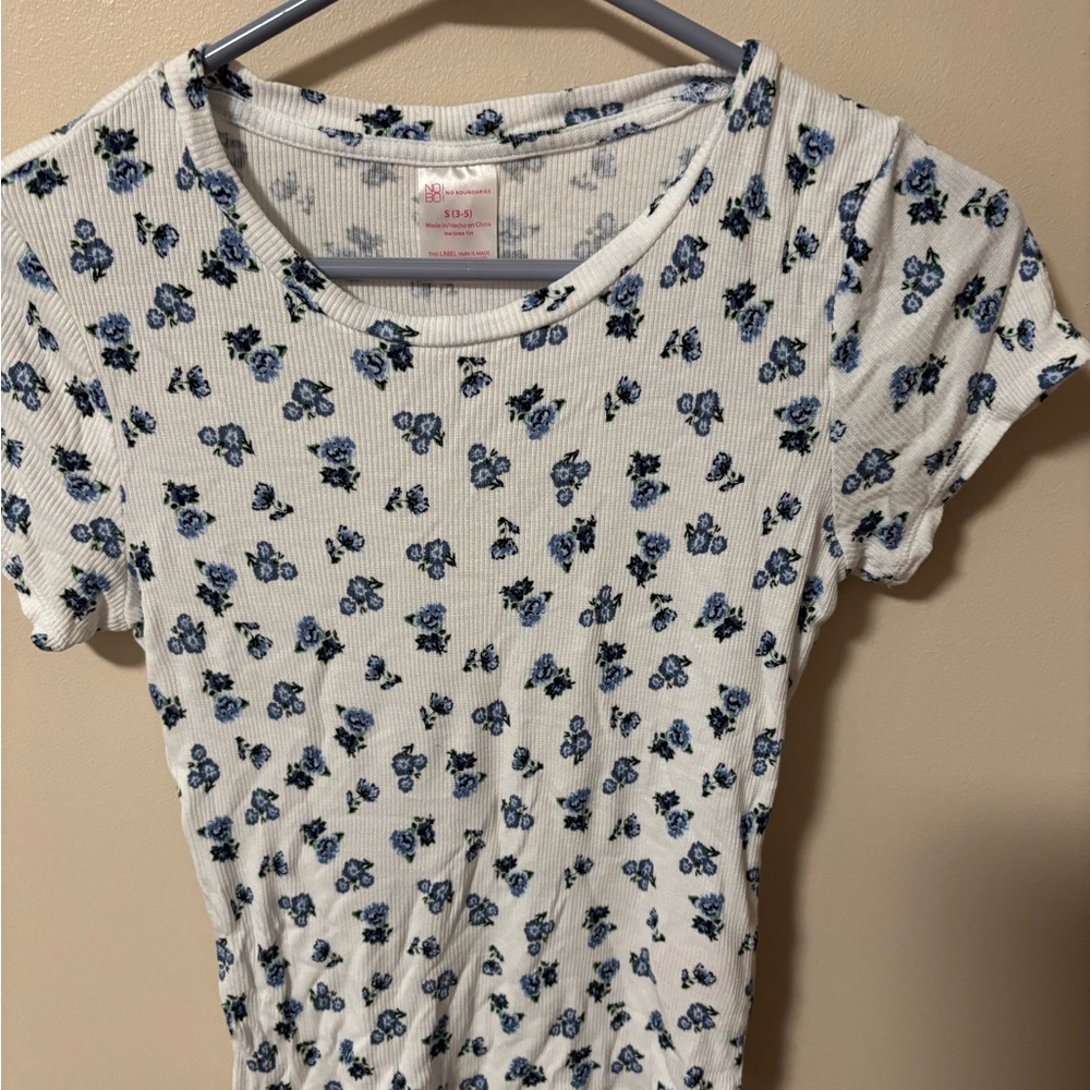 No Boundaries Blue Floral Ribbed Short Sleeve Top